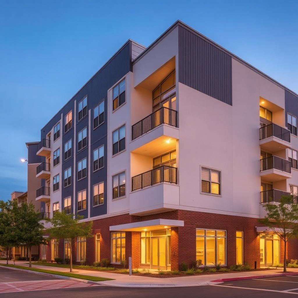 Modern Texas multifamily apartment building at dusk